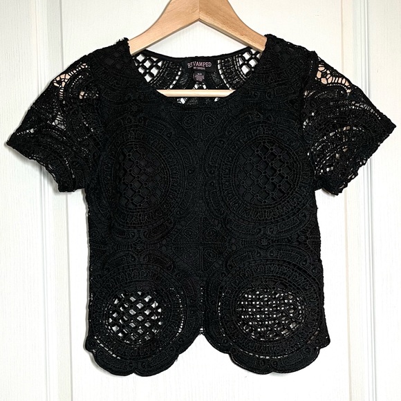 Revamped Tops - Revamped Black Crochet Lace Short Sleeve Top Fairy Grunge Festival Boho Size S